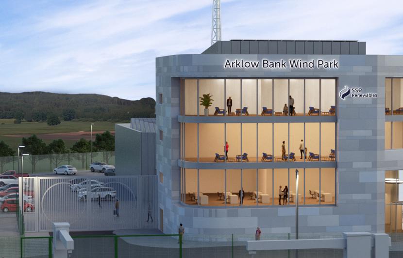 A render of the Arklow Bank Wind Park Operations & Maintenance facility from the front.