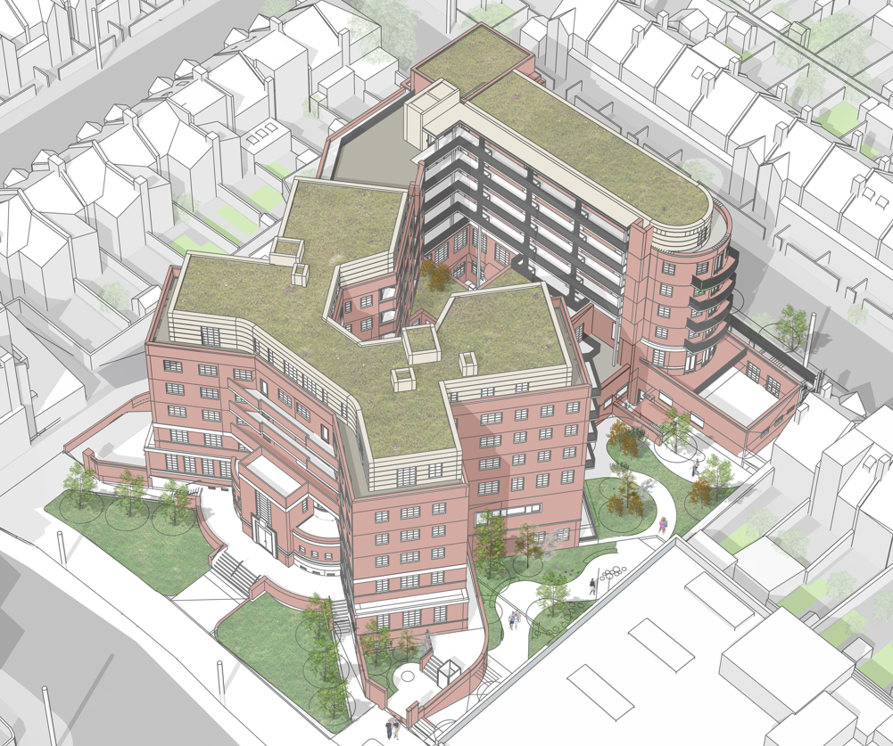 Aerial view of Former Tooting Police Station with plans for new development