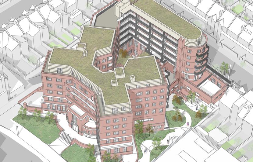 Aerial view of Former Tooting Police Station with plans for new development