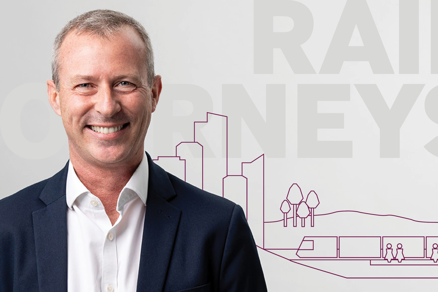 Andy England on grey coloured background that says 'Rail Journeys' and has illustrated line image showing train, people, trees and buildings.