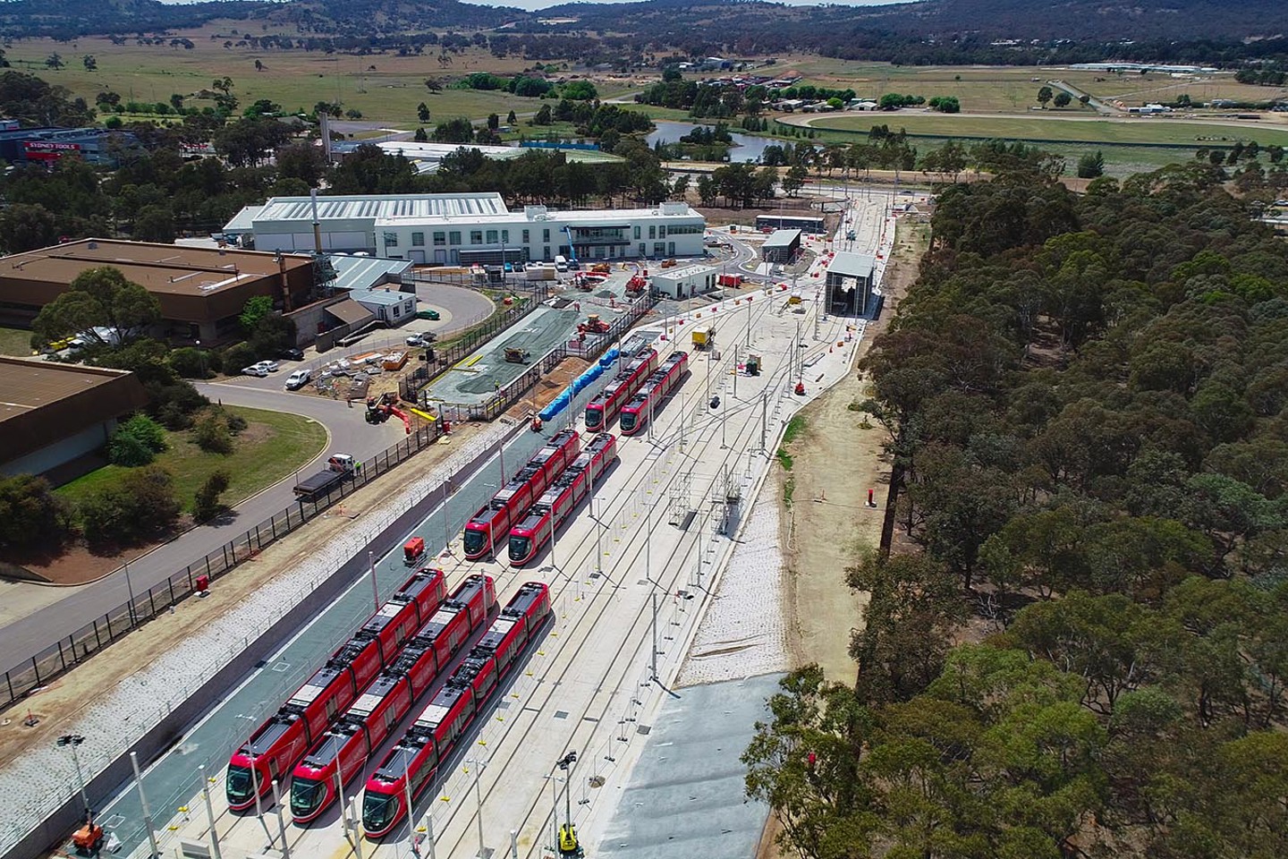 Birdeyes of Canberra Light Rail train fleet parked up at Gungahlin place