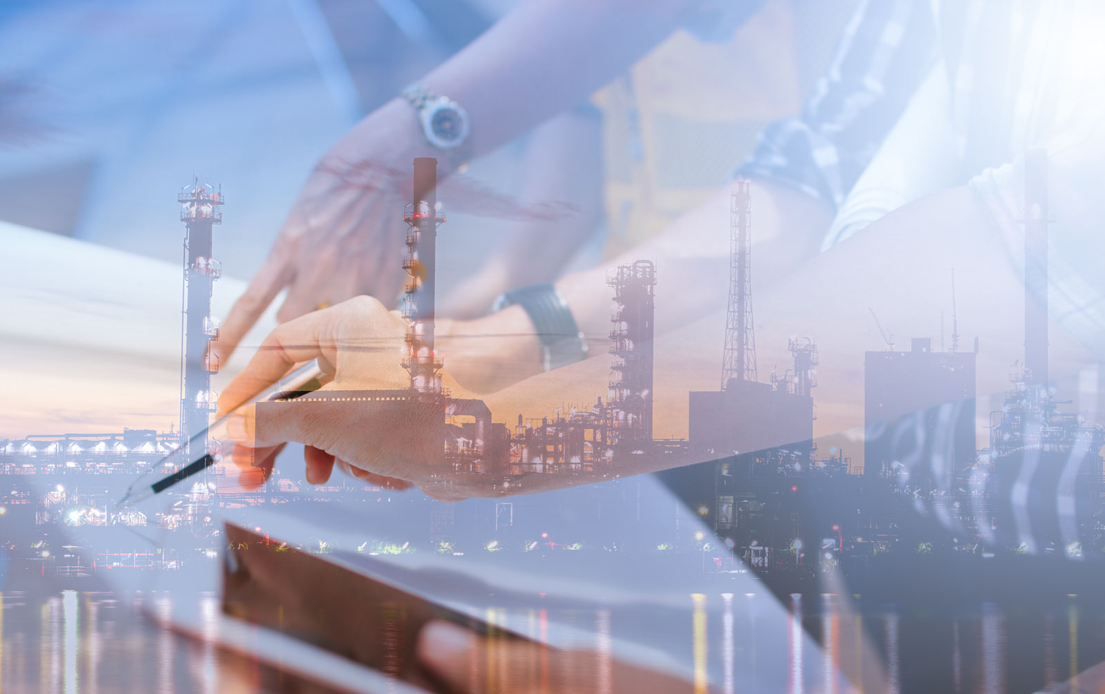 engineer working on inspection and oil and gas refinery industry plant with sunrise in the morning