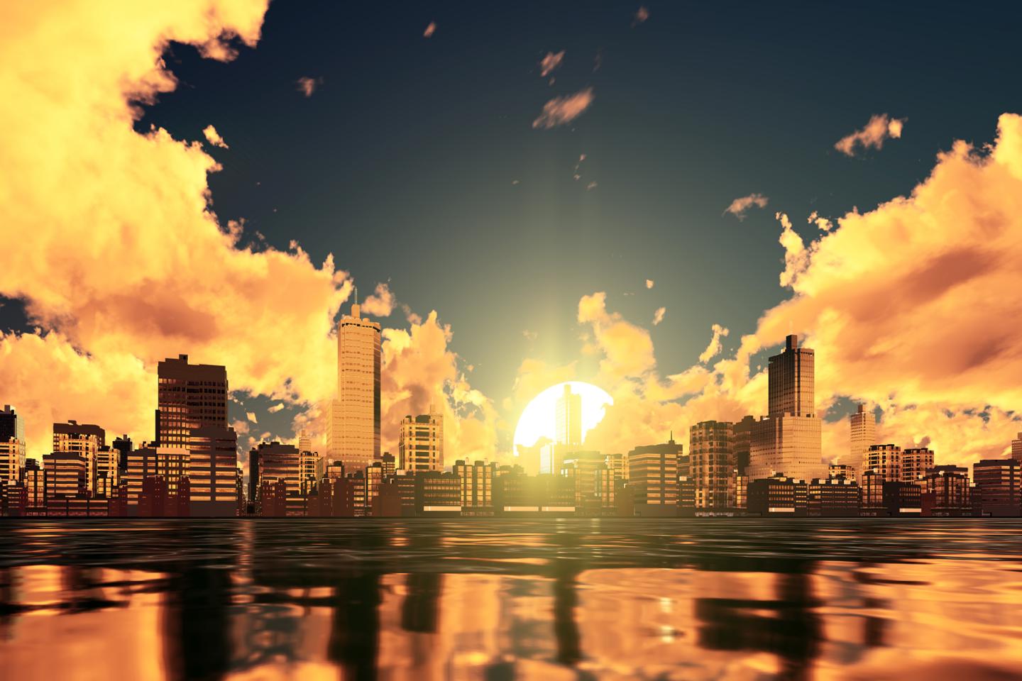 A skyline image of a city at sunset including high rise buildings