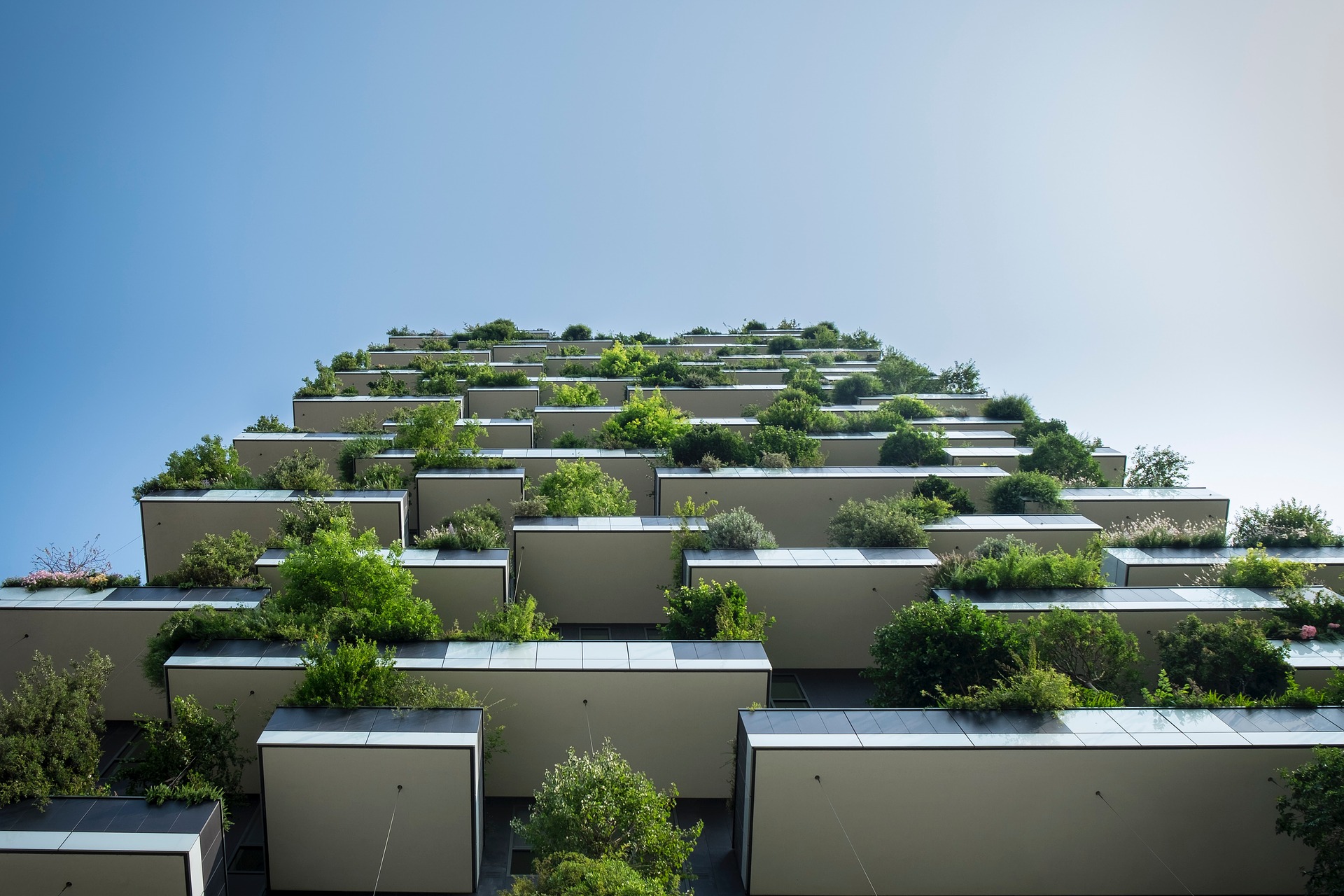 An upward view of apartment block with staggered green planting
