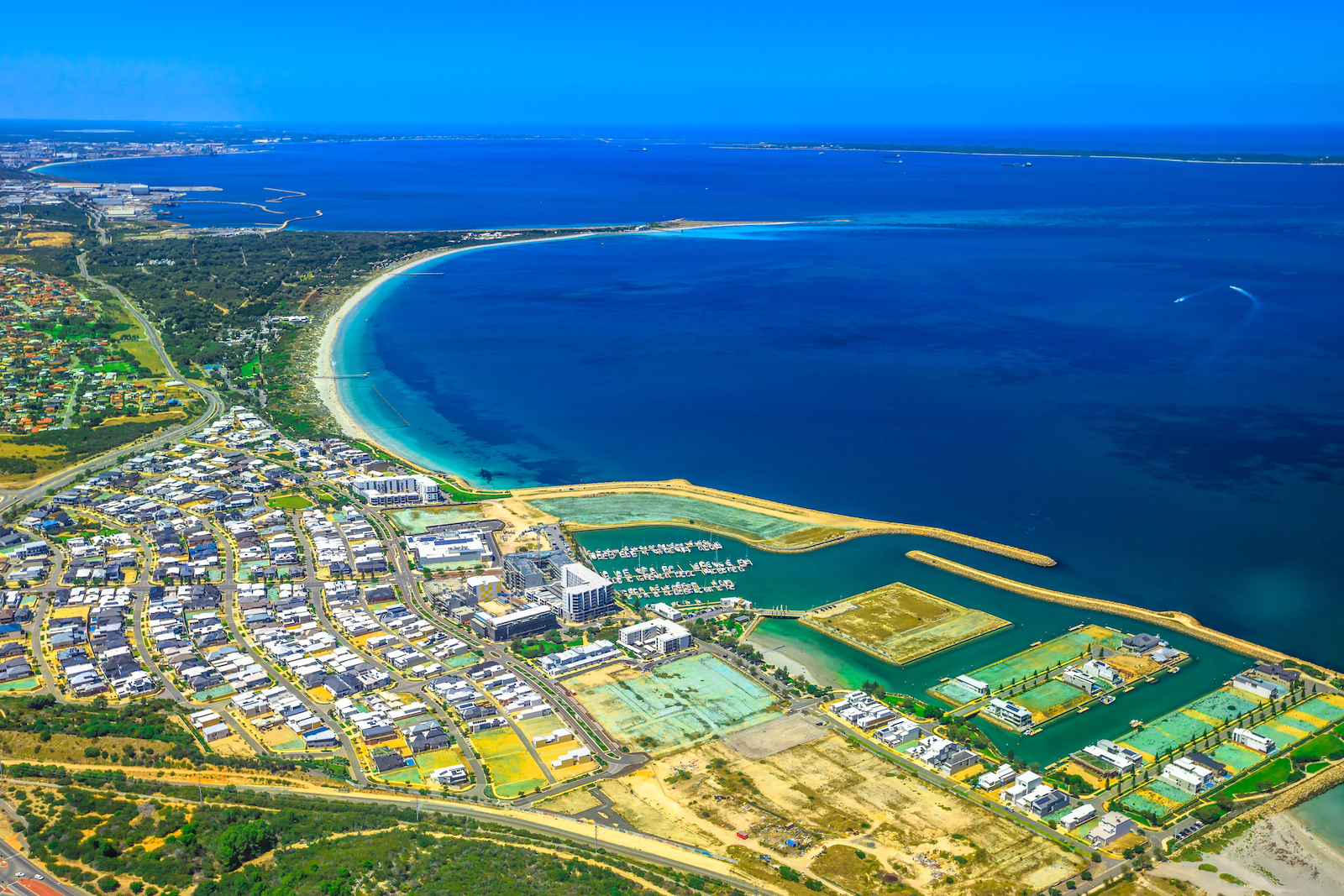 Helicopter view of Port Coogee town and ocean in Western Australia
