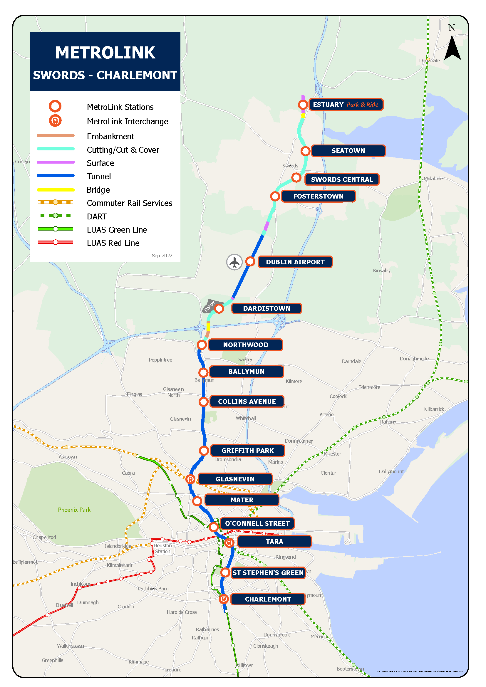 Metrolink map showing the stations from Swords to Charlemont.