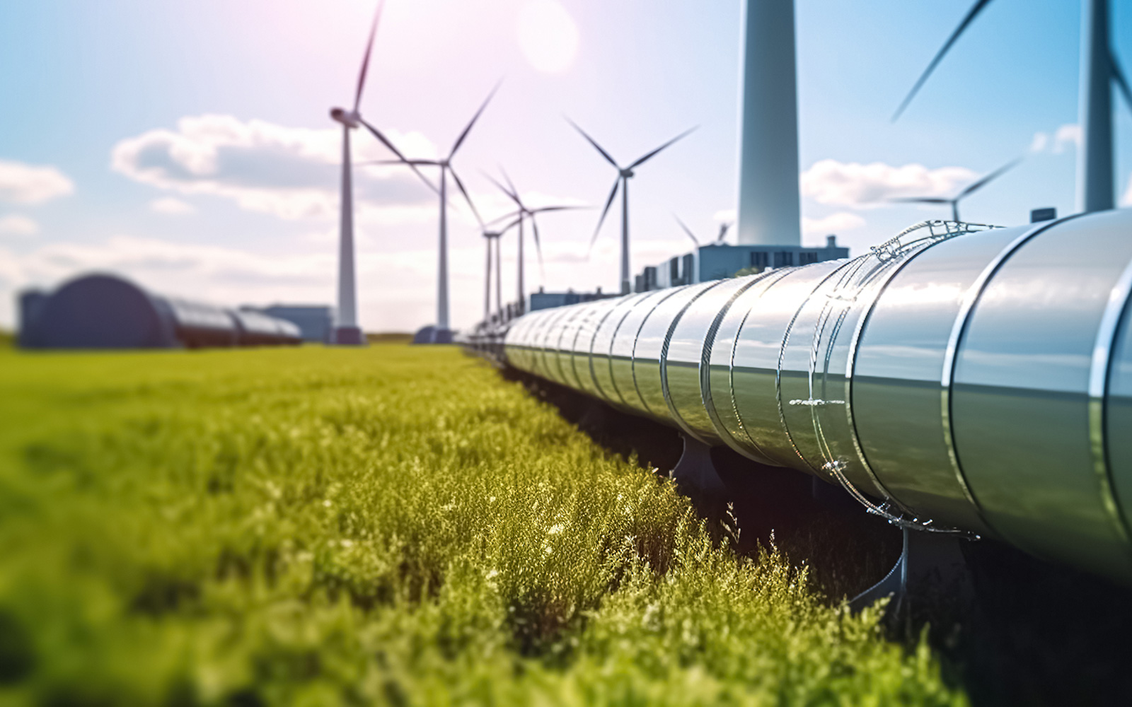 green hydrogen pipeline with wind farm in background