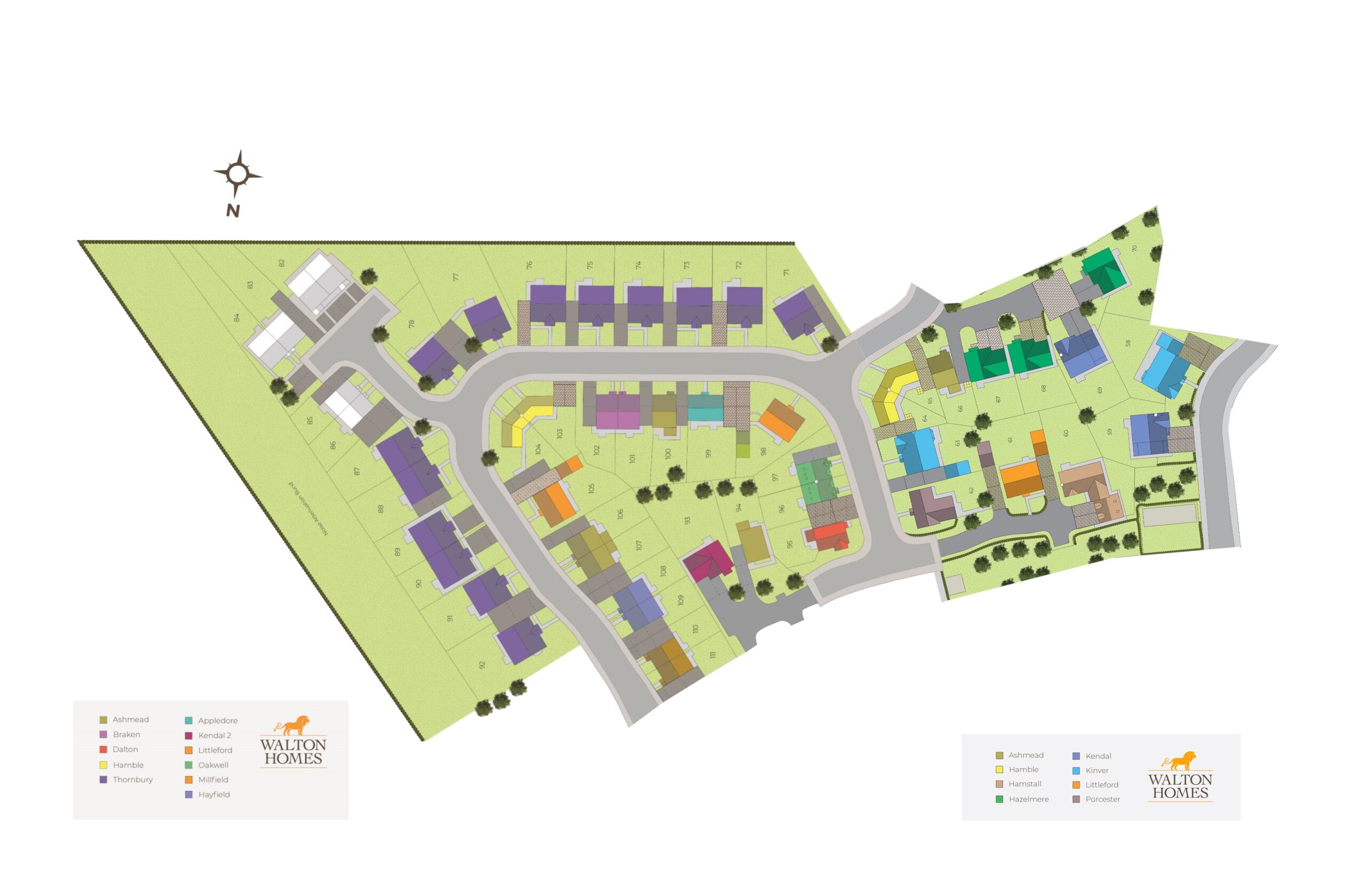 Site plan of Acresford Park including the road network and housetype layout