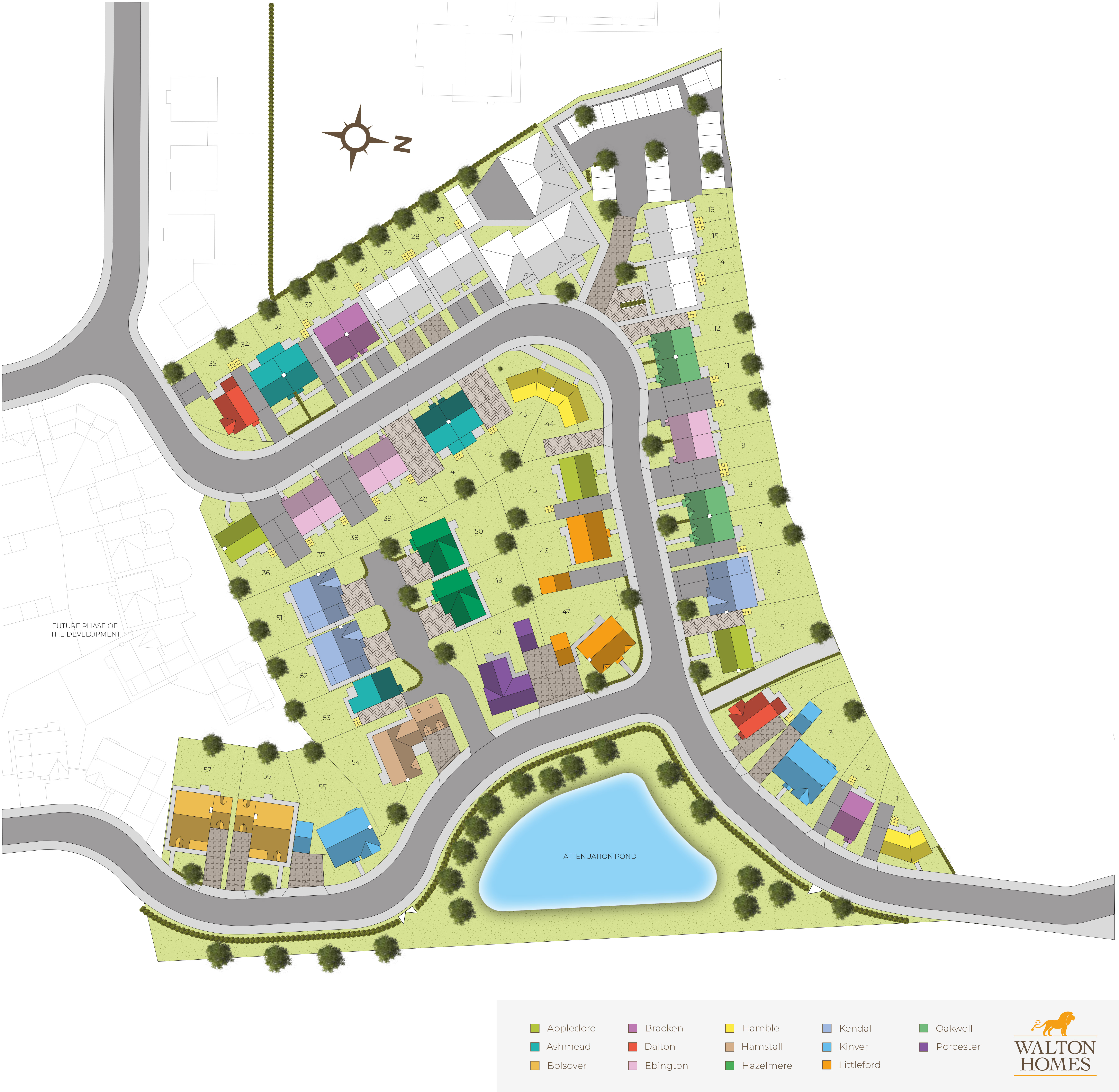 Acresford Park site plan showing the sustainable solutions including attenuation ponds