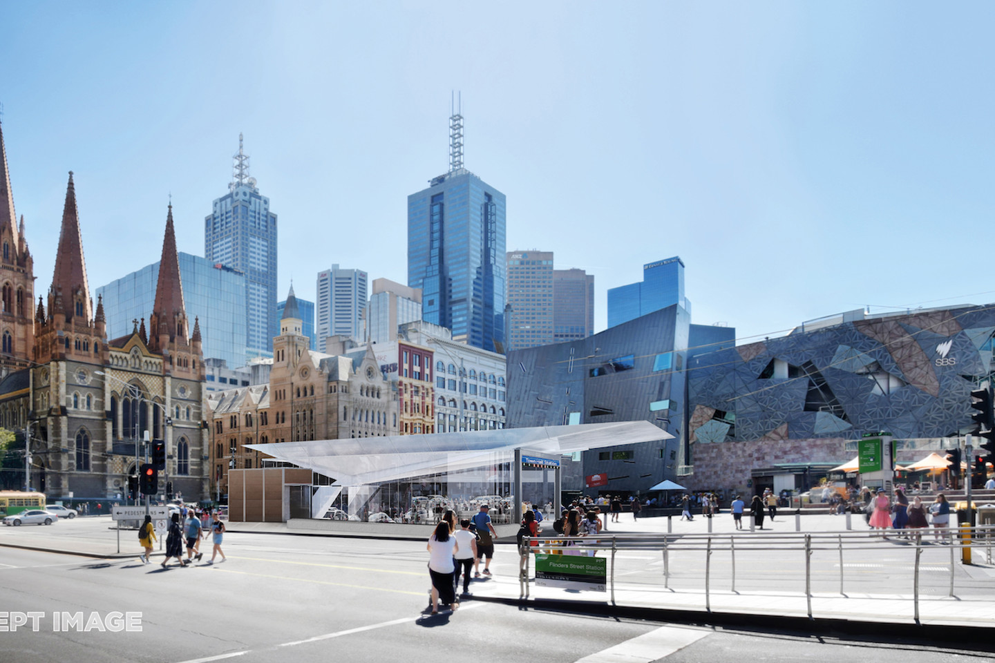 Artist impression of the new Metro-Melbourne Town Hall and Federation Square entrance.