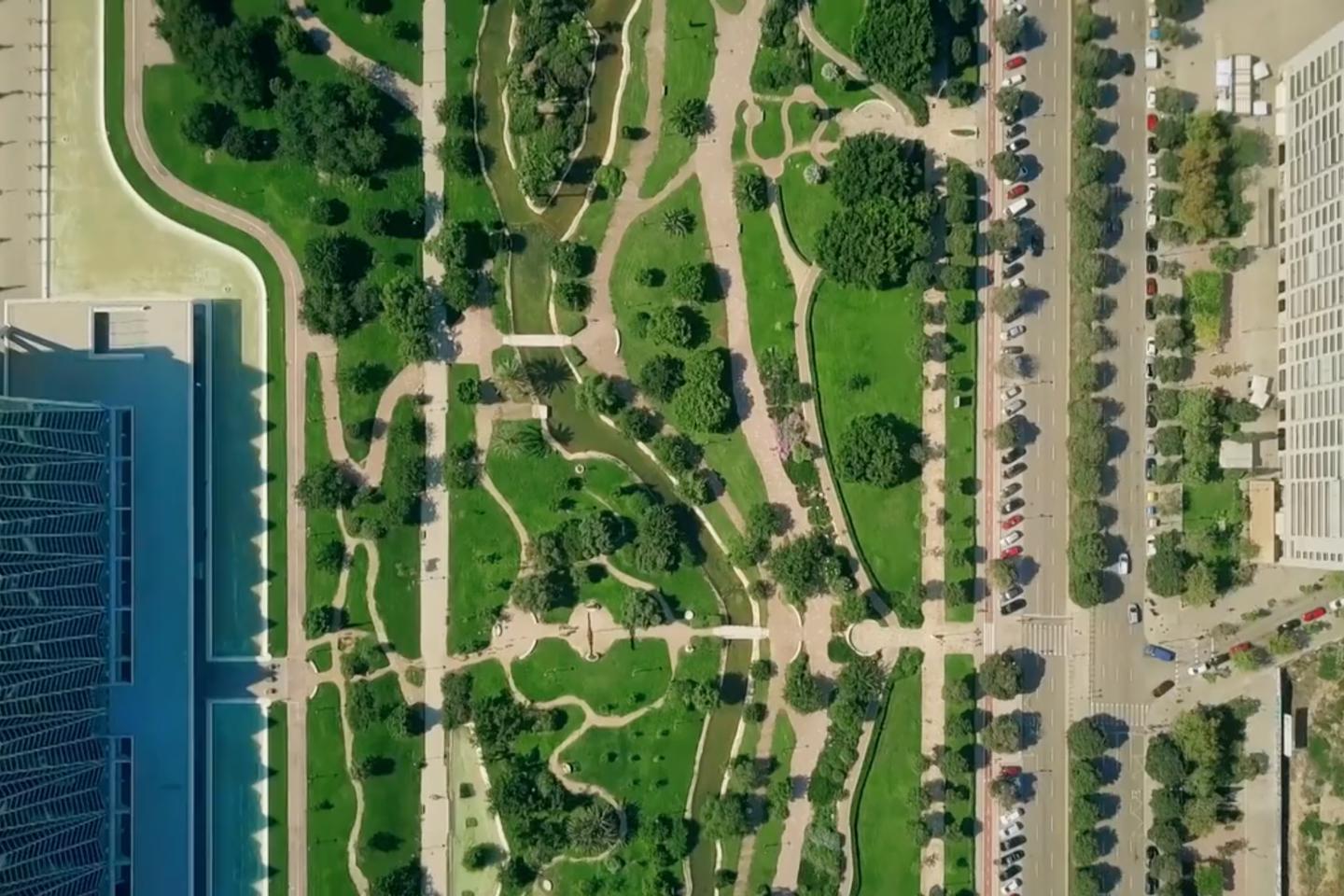 Aerial view of parklands and building