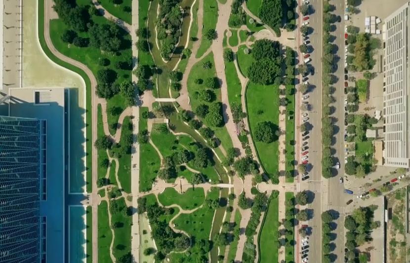 Aerial view of parklands and building