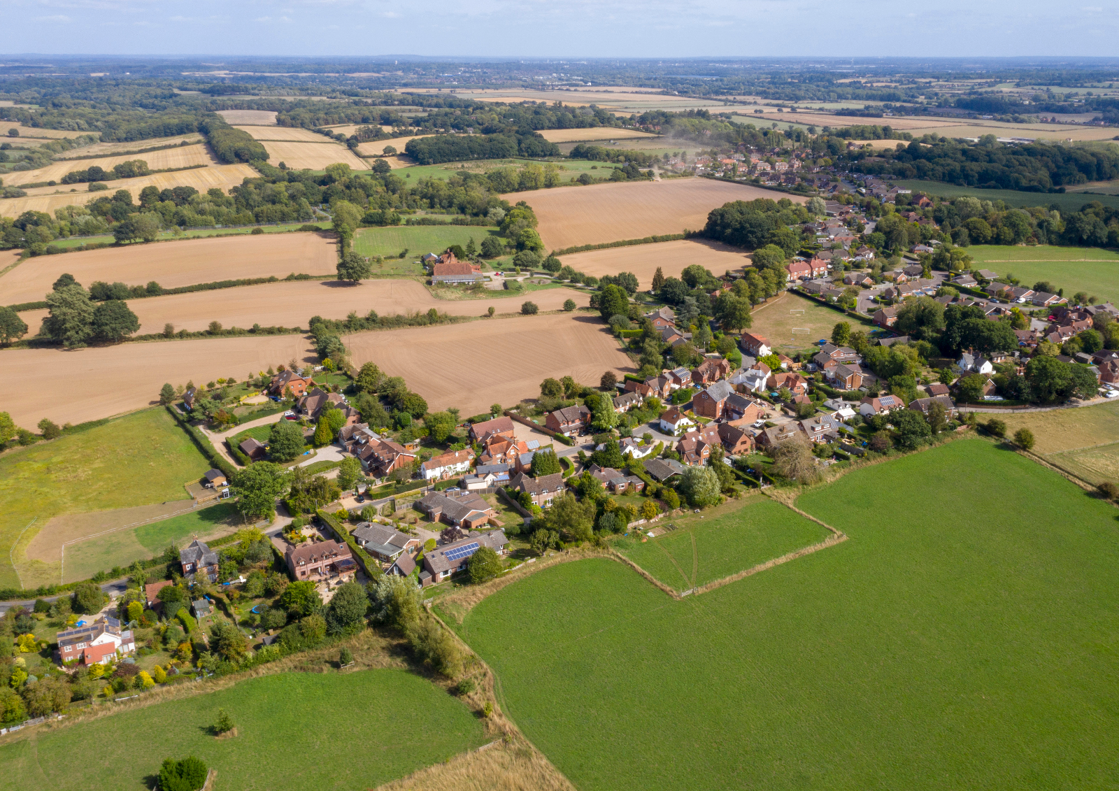Birds eye view of a countryside housing estate. 