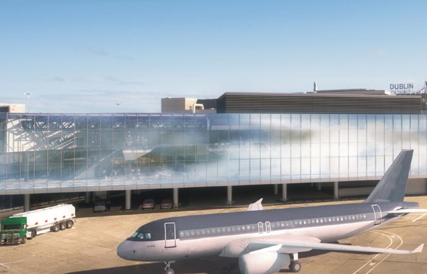 CGI of airplane parked outside of glass airport terminal