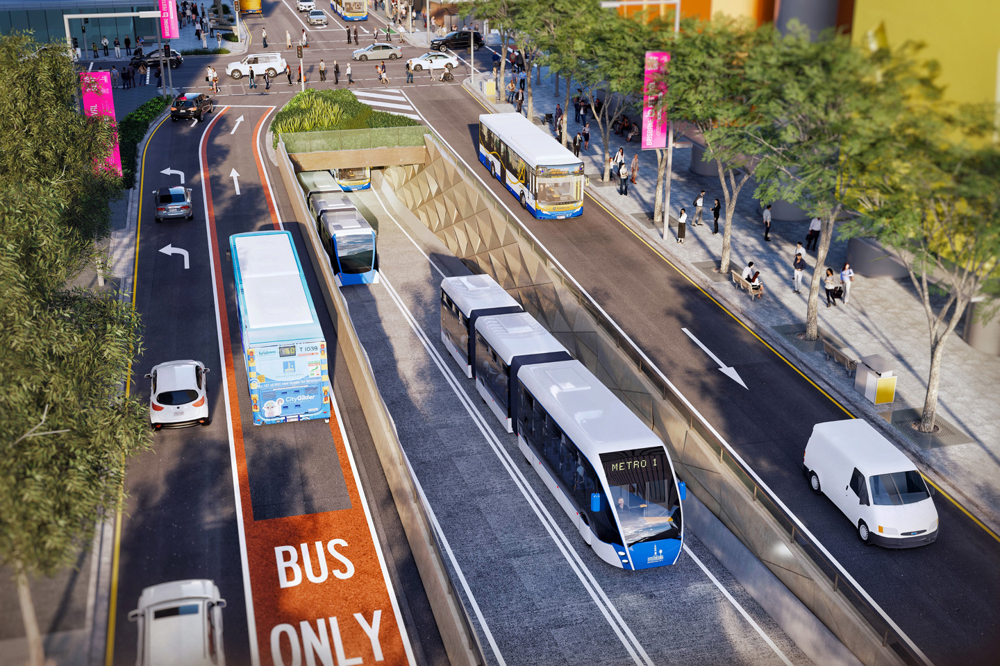 Mock up of what Brisbane Metro will look like once complete showing metro tram in conjunction with inner city buses, vehicles and pedestrians.