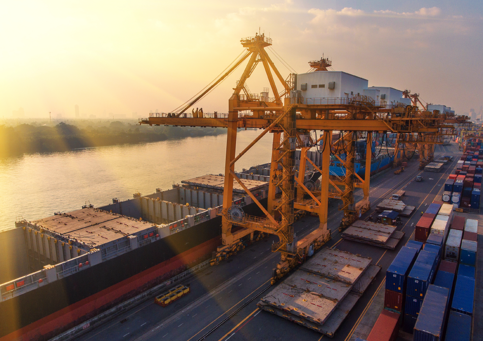 Ship loaded with containers at a global port 
