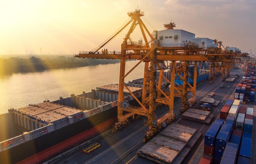 Ship loaded with containers at a global port