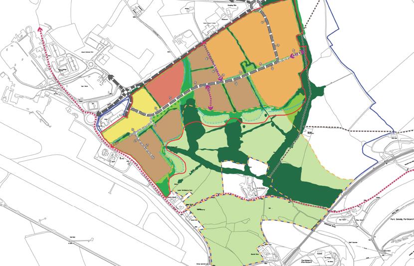 Site plan of Parc Busnes mapping the green land, drainage infrastructure and other asects of the business destination