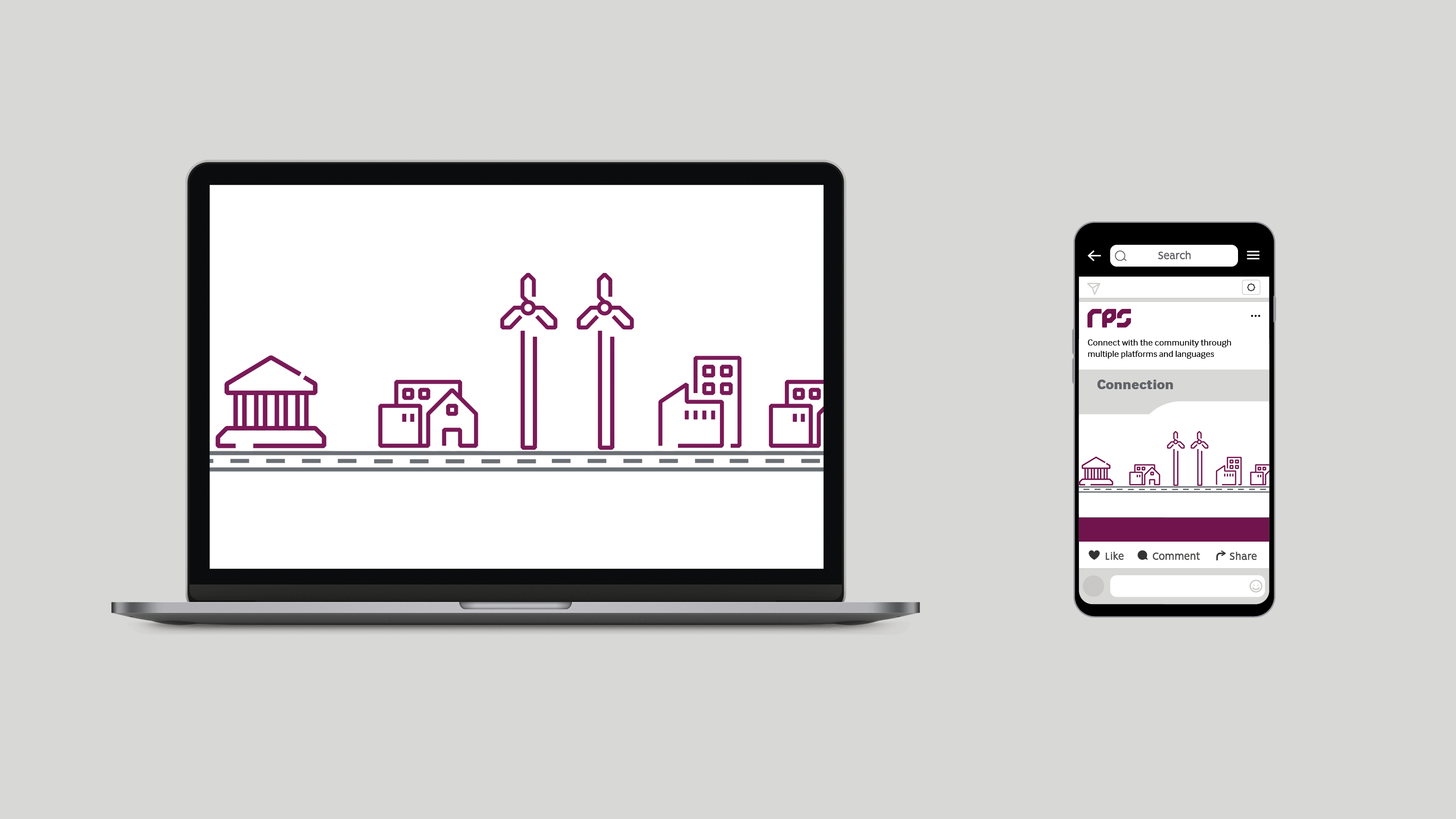An animated laptop screen and mobile phone sit side by side, both featuring identical content scrolls