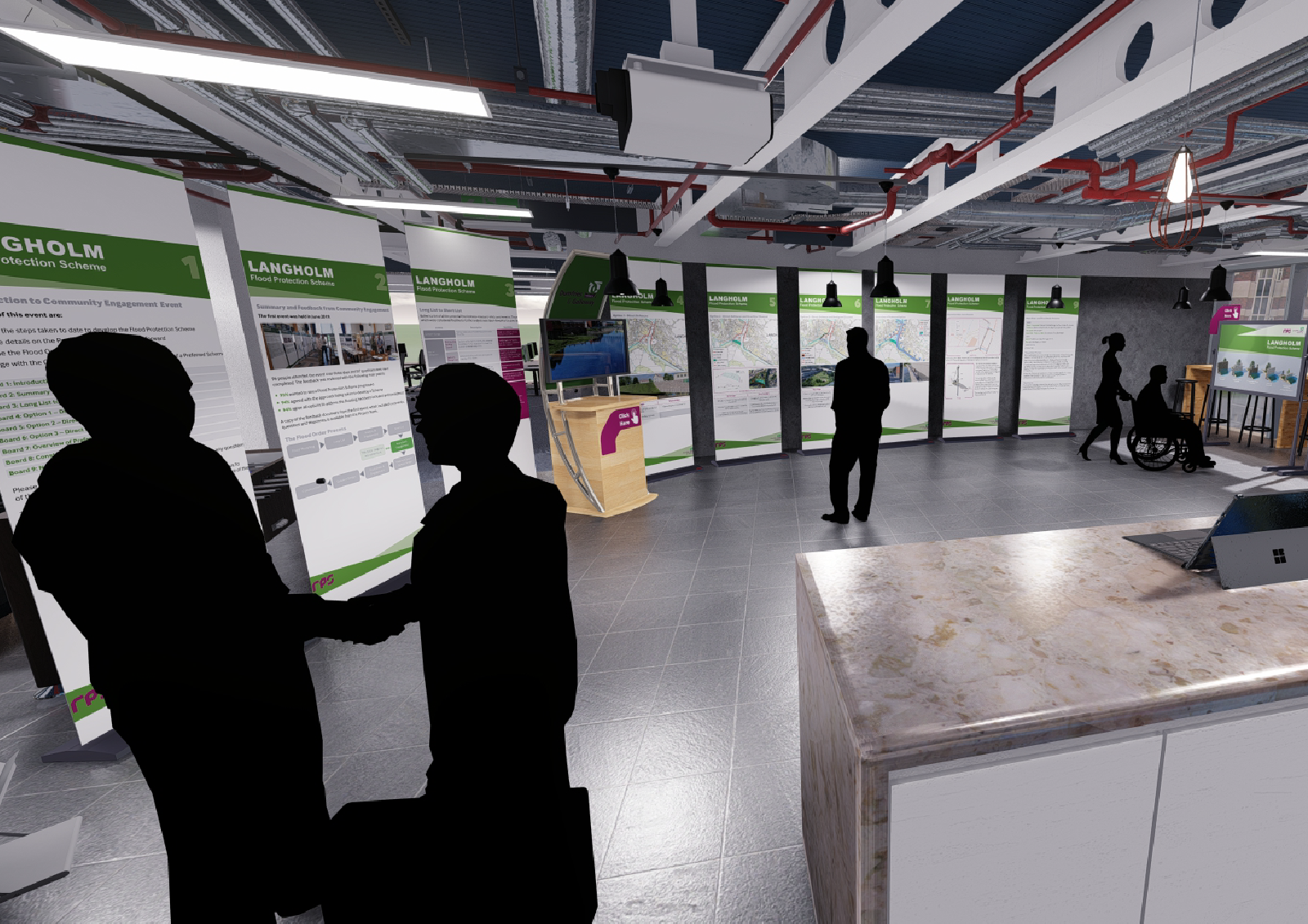 Langholm virtual public consultation room with roller banners containing site details 