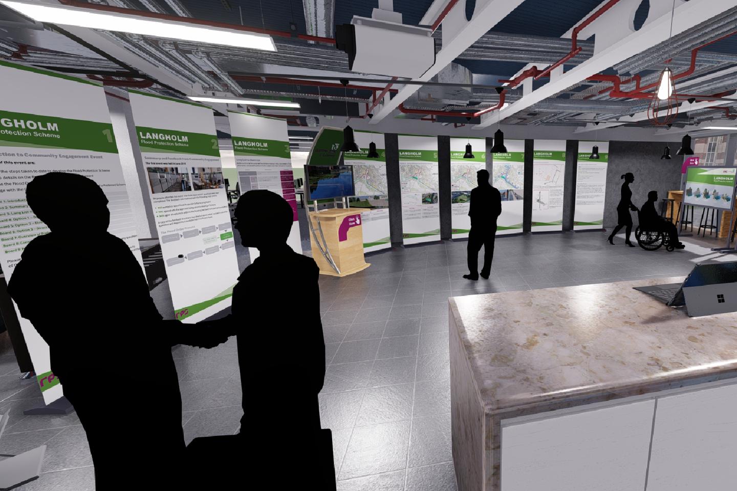 Langholm virtual public consultation room with roller banners containing site details