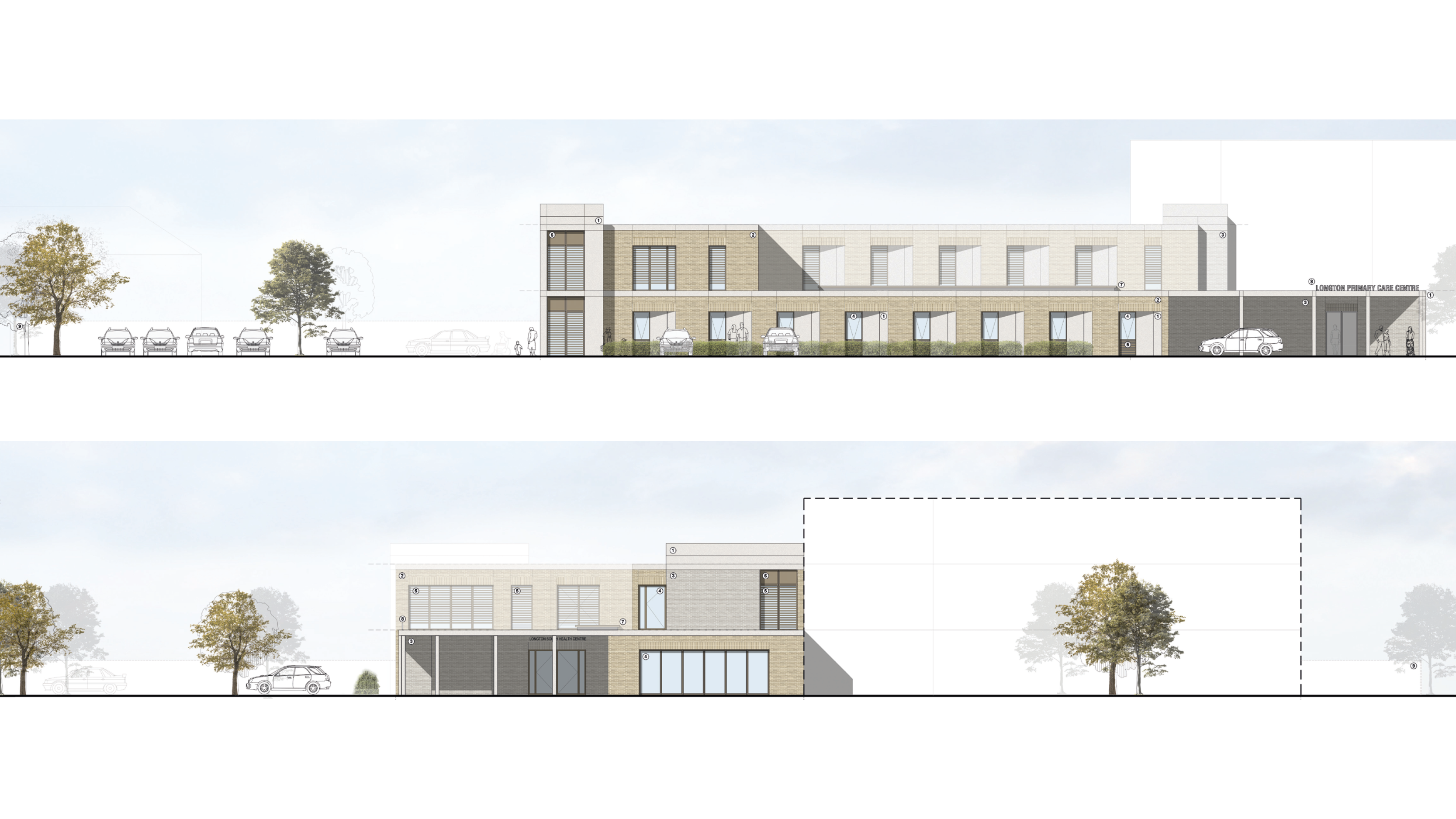 Elevation drawing of the primary care centre with a parking area