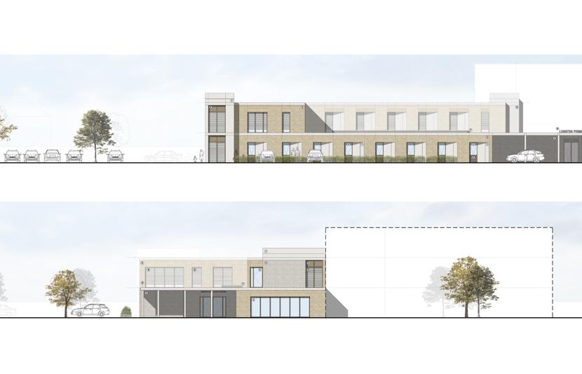 Elevation drawing of the primary care centre with a parking area