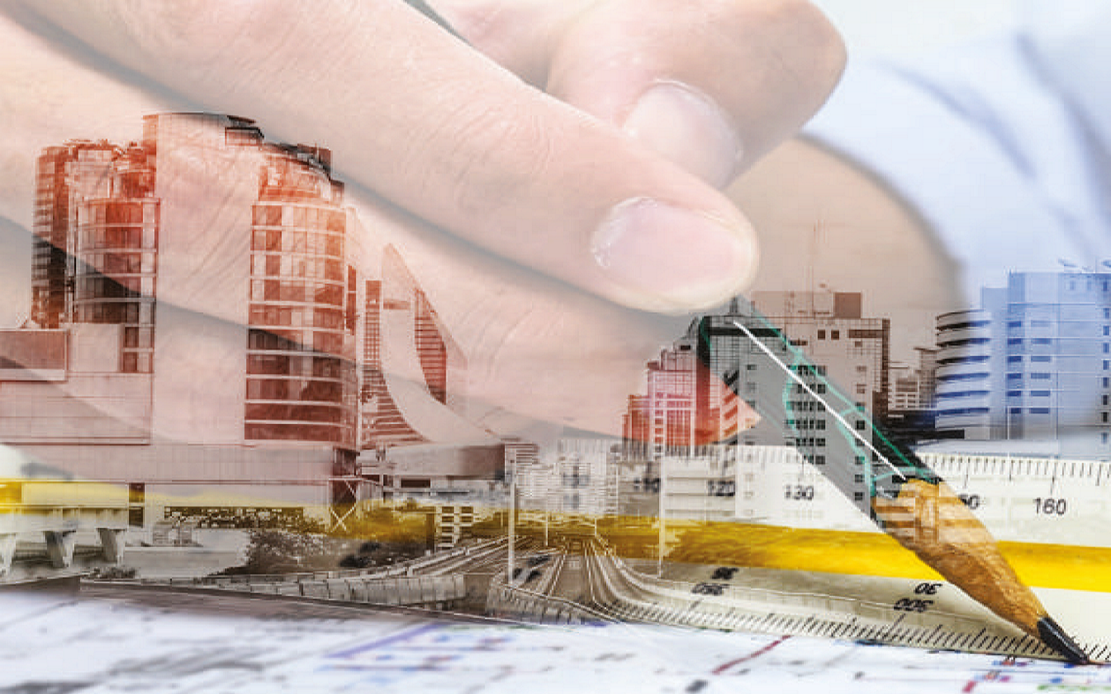 Hand sketching overlaid on drawings of buildings and infrastructure 