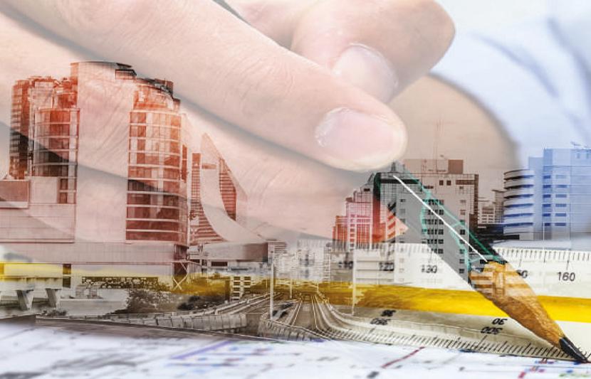 Hand sketching overlaid on drawings of buildings and infrastructure