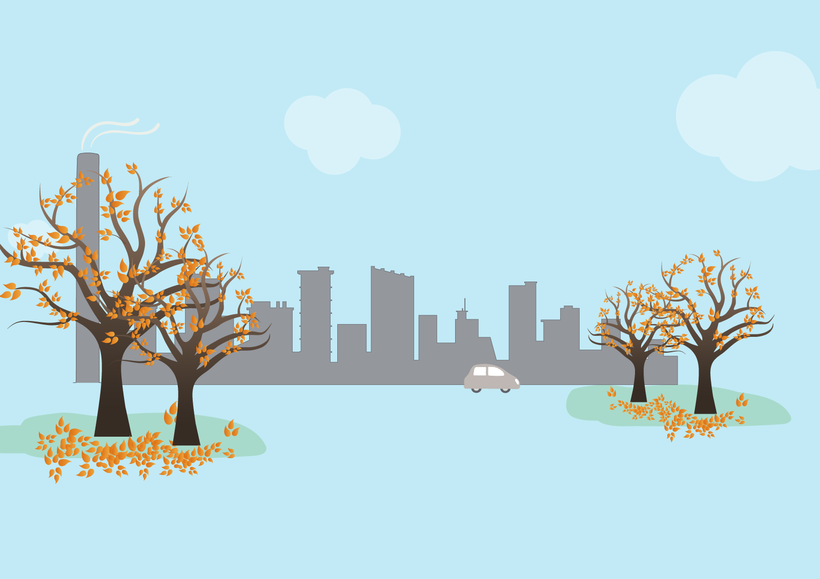 Graphic showing trees losing their leaves in front of an abstract city scape