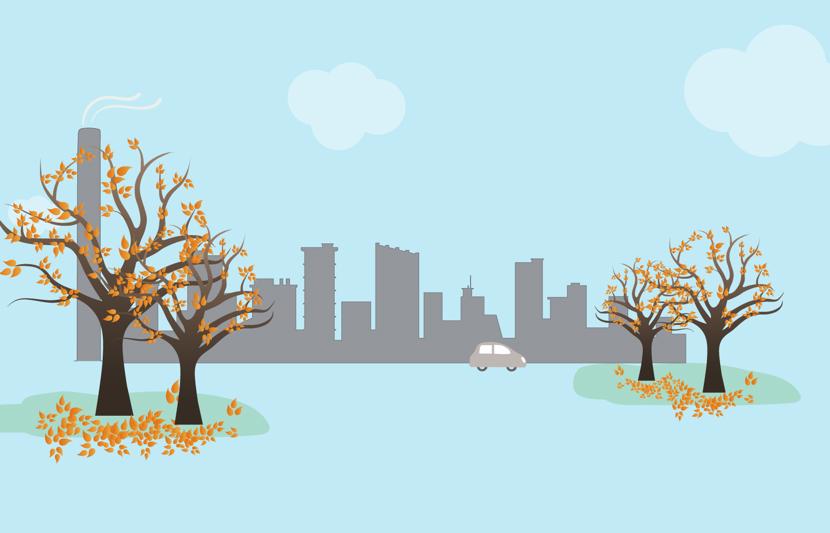 Graphic showing trees losing their leaves in front of an abstract city scape