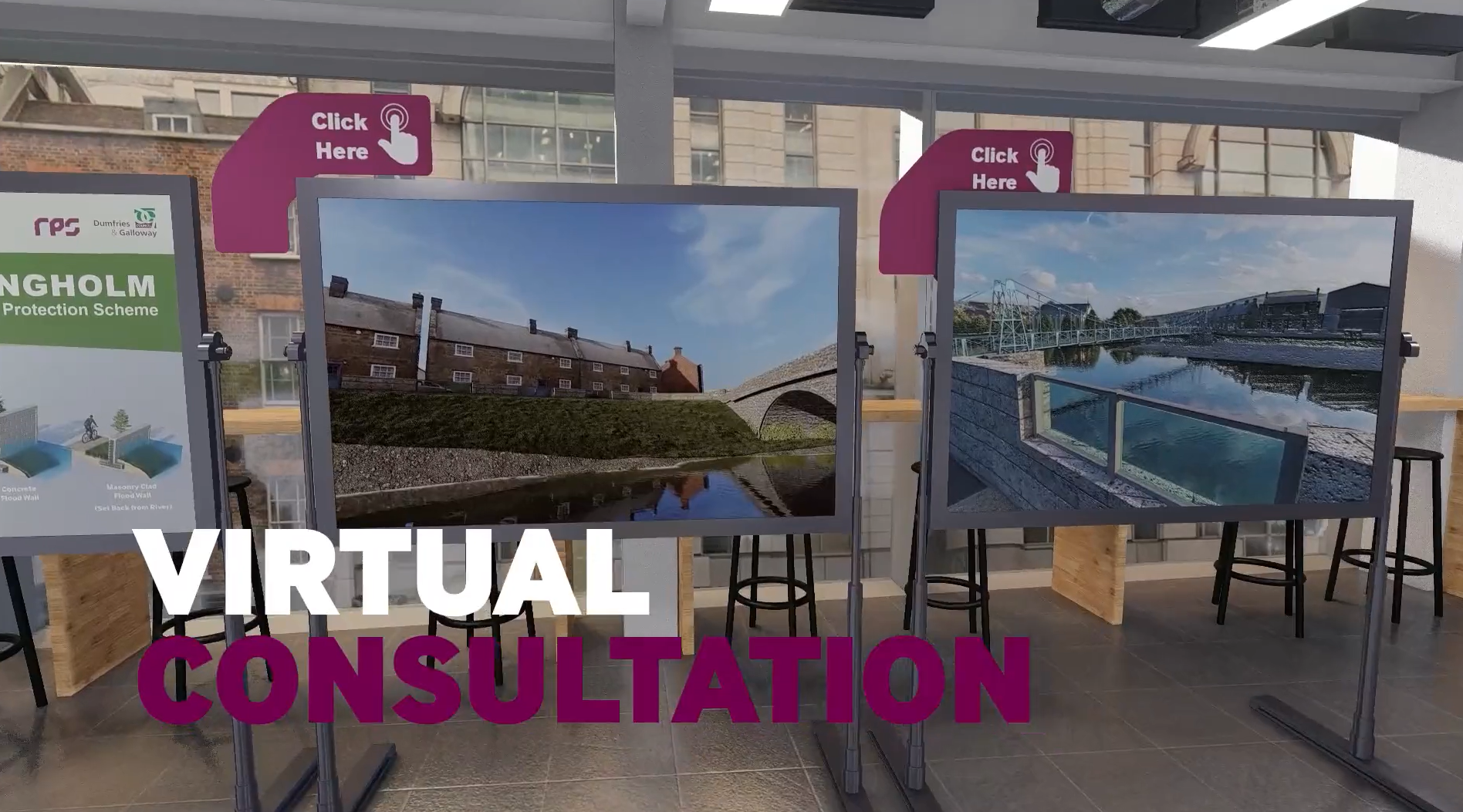 Image shows the virtual consultation room in the 3D space. A still for the the start of the video