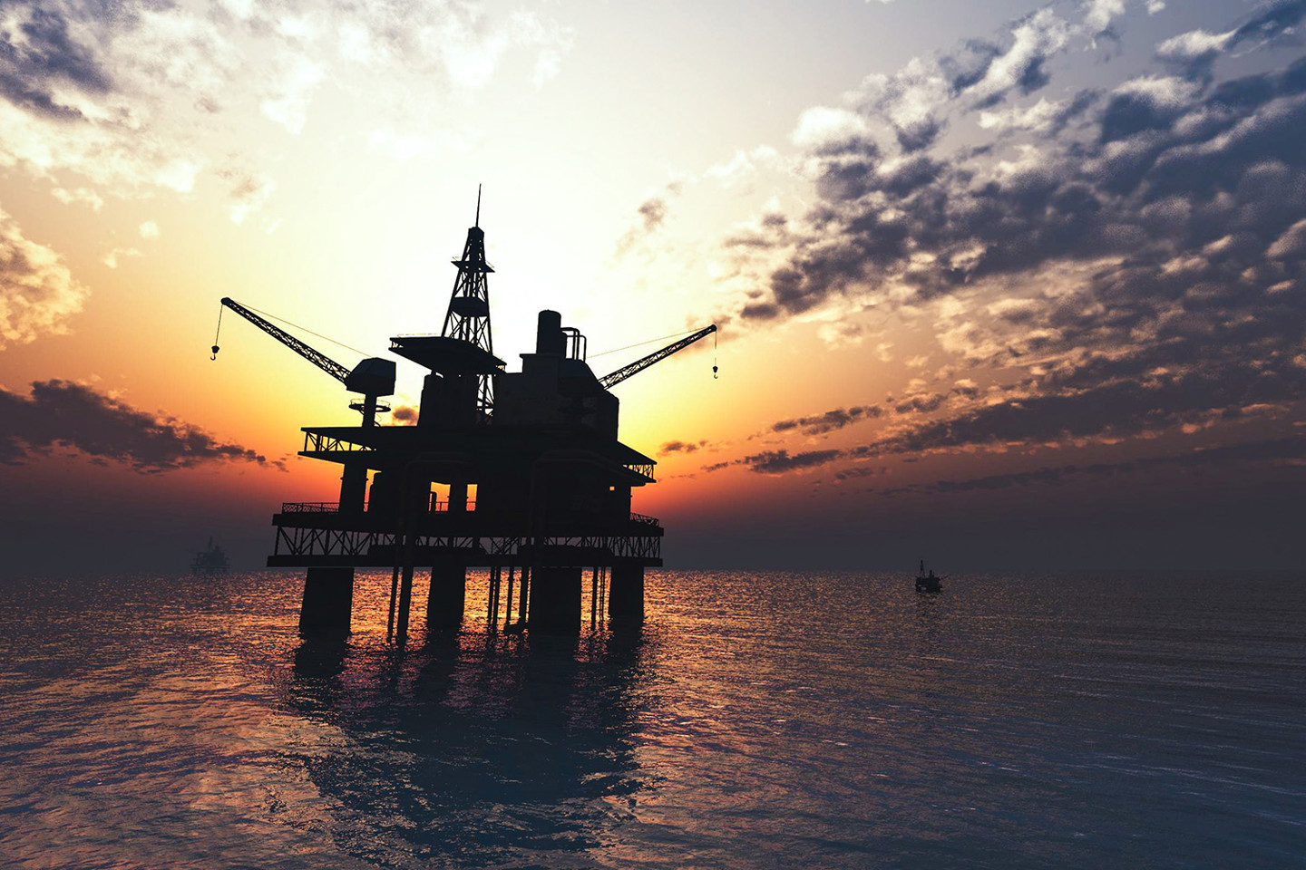 Oil rig at sunset in the North Sea