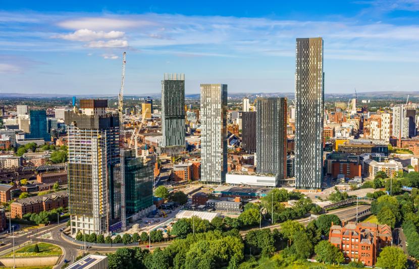 Landscape of tall buildings under construction in the city of Manchester