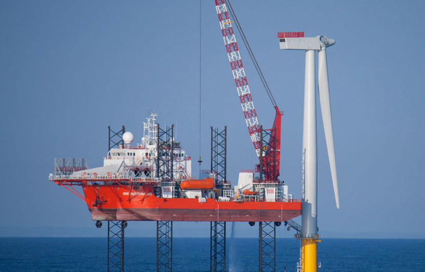 Offshore Wind Turbine in a Windfarm under construction off the English Coast North Sea
