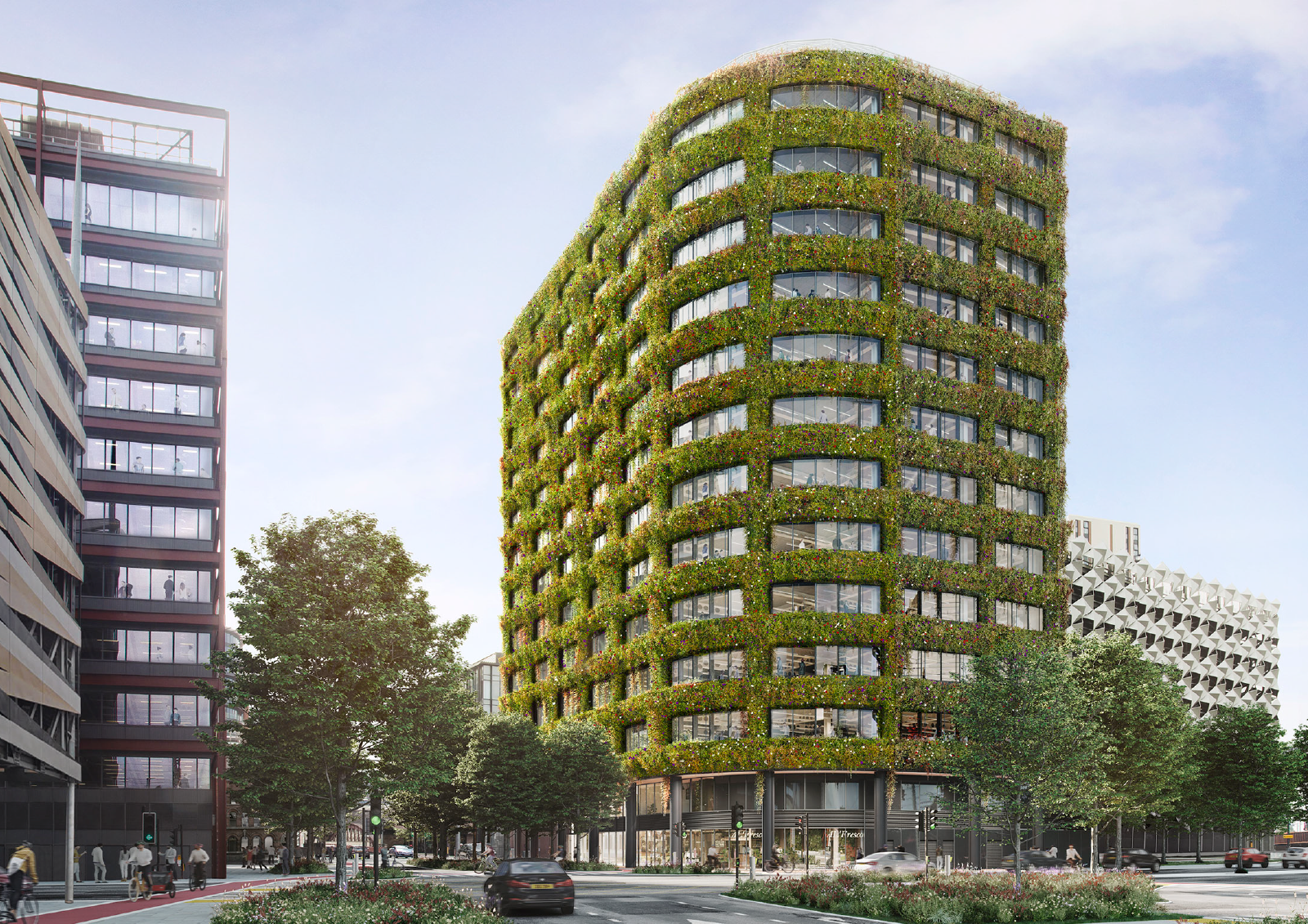 CGI of exterior of Plot A3, New Bailey development, featuring high rise building covered in foliage