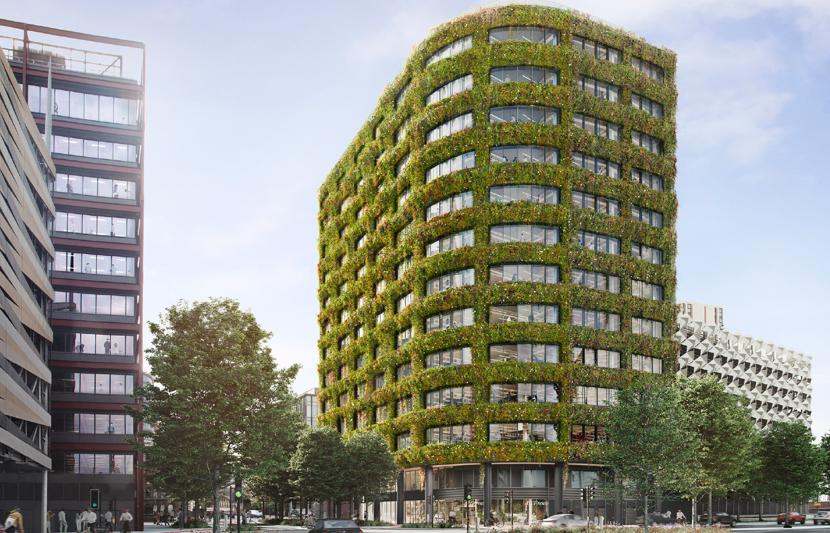 CGI of exterior of Plot A3, New Bailey development, featuring high rise building covered in foliage