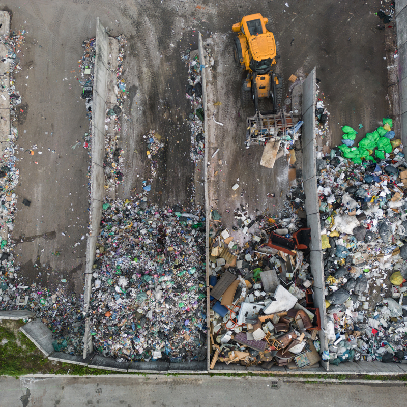 Aerial shot of rubbish at waste transfer recycling facility