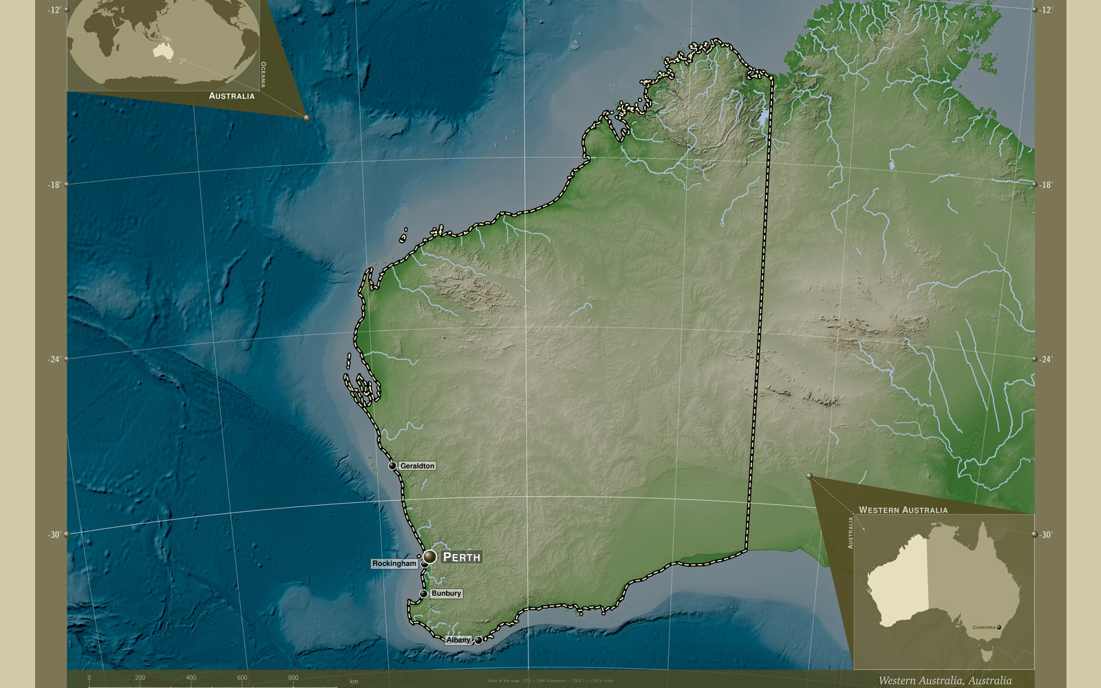 A map of Australia highlighting where the regional town of Bunbury lies. 