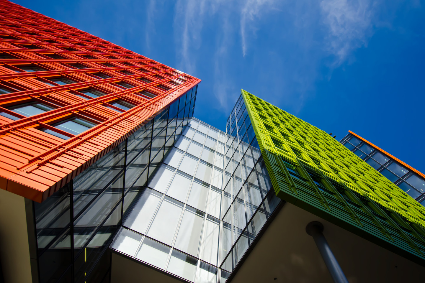 Low angle view of a vibrant high-rise building