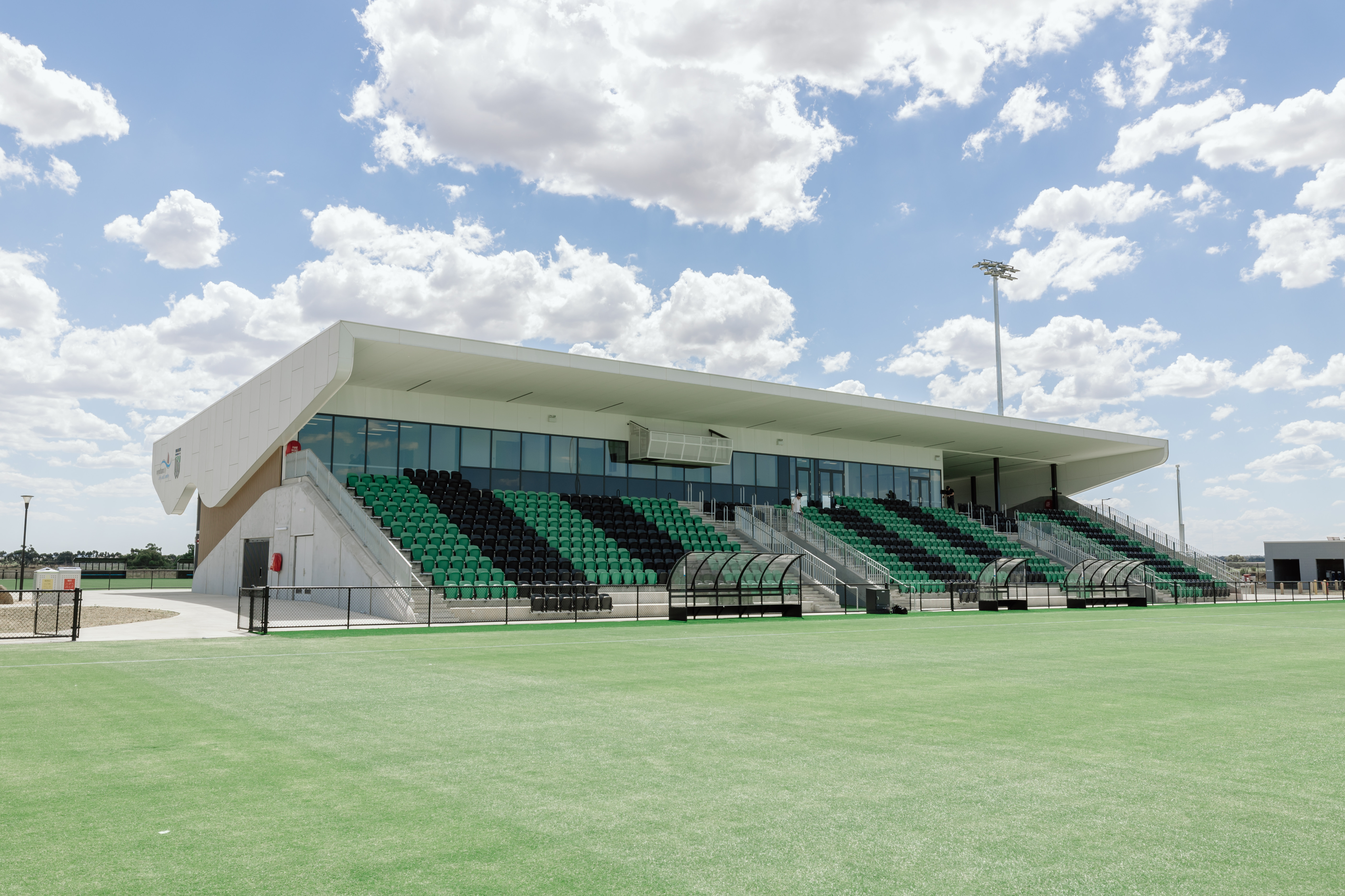 Grandstand facility and field at the new Regional Football Facility at Tarneit, Victoria, Project management by RPS. Image courtesy of Wyndham City Council.