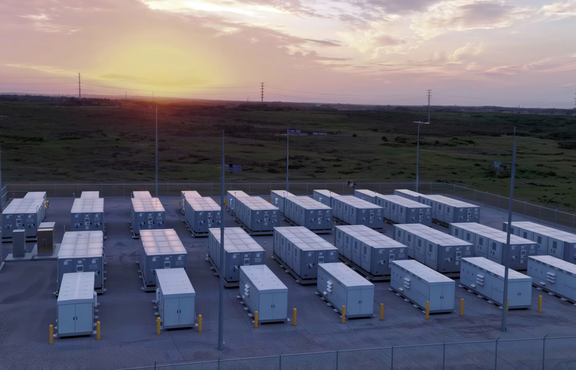 Battery energy storage system site at sunset
