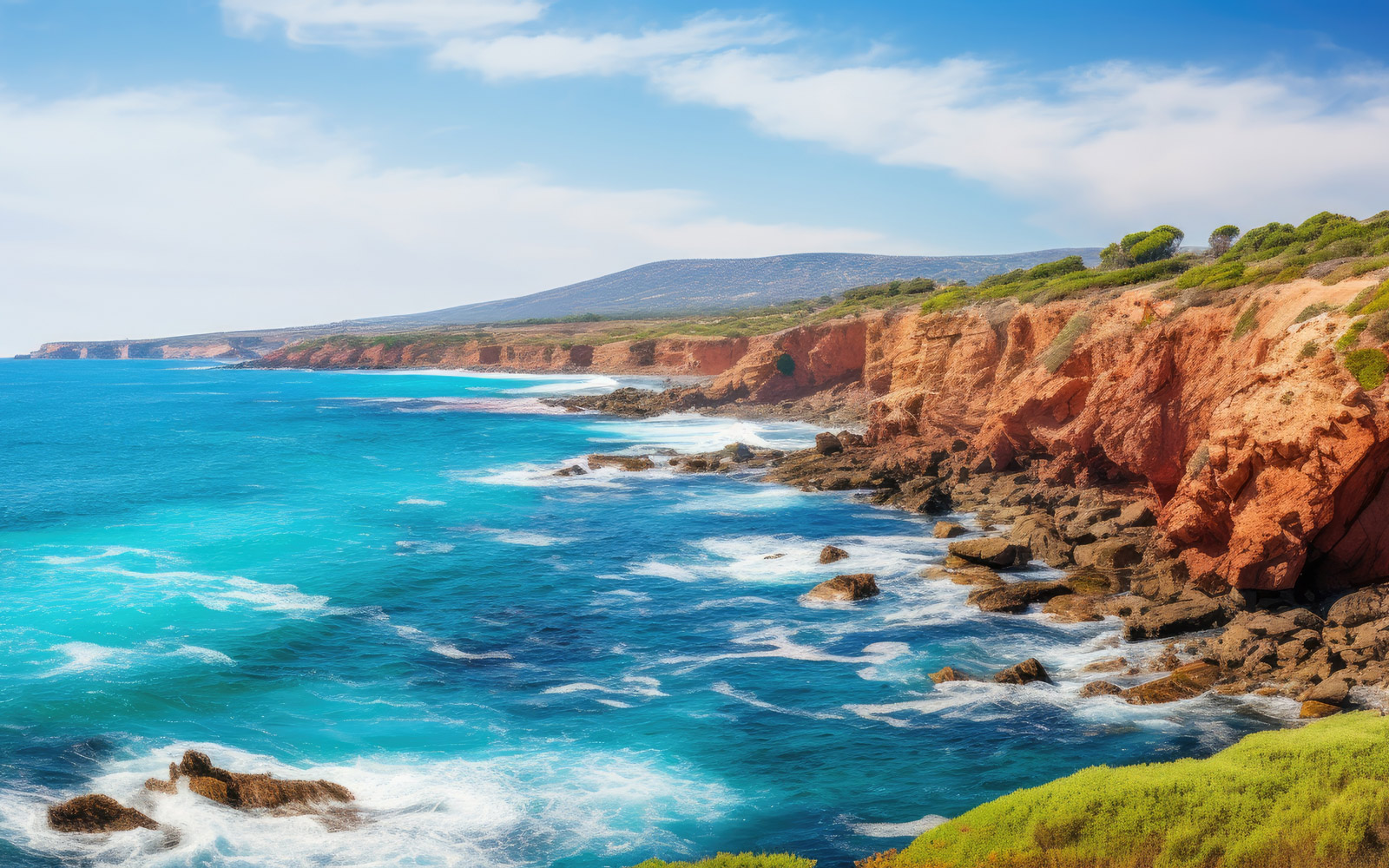 View of bright blue choppy waves with white foam sitting the rocky coast of western Australia 
